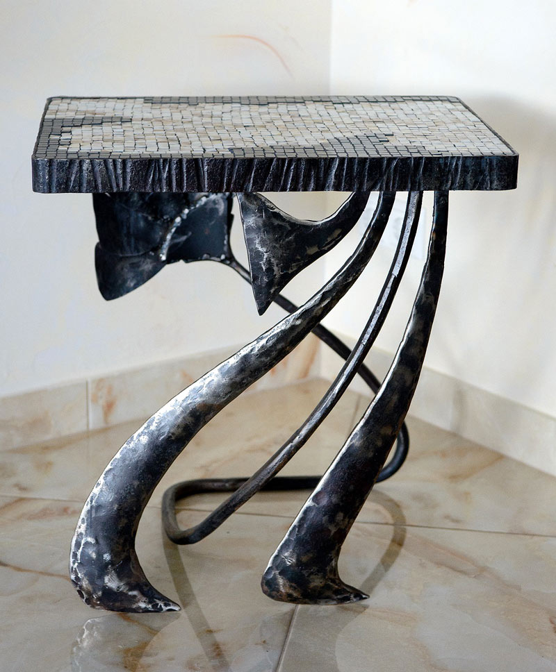 Forged console table with mosaic top